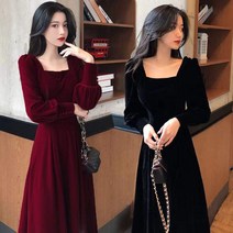 빈티지 코듀로이 슬림해 보이는 레드 벨벳 원피스 가을 겨울 여성 스퀘어넥 슬림 햅번 롱스커트