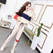 여자 예쁜 배색 얇은 캐쥬얼 여성 트레이닝 복 세트