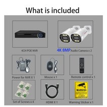 경보기 문열림센서 동작감지기 도어알림 4K 8MP 슈퍼 HD 감시 보안 IP 카메라 세트 Onvif 총알 화이트 알람 IR 컬러 야간 투시경 Cctv 오디오 POE NVR 키트, 협동사, 1T, 4CH 2pcs4K 카메라