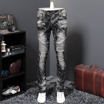 남자 오토바이 추억 복고 역 패션 슬림 피트 블랙 청바지