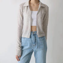 끄레앙 무배 린넨 슬림핏 보카시 크롭 카라 집업 가디건 여름 긴팔 아우터