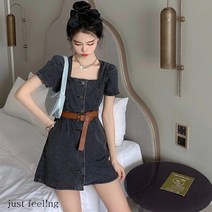 just feel!ng 여성 여름 러블리 퍼프 소매 데님 청 원피스 A 라인 스커트 반팔 데님원피스 + 벨트증정