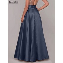 대행사 오피스룩 zanzea 보헤미안 여성 새틴 실크 롱 스커트 코튼 솔리드 우아한 느슨한 sundress femme 탄성 허리 대형 캐주얼 드레스