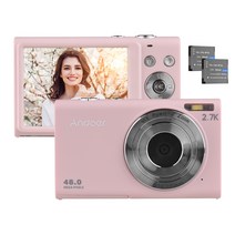 Andoer 2.7K 디지털 카메라 컴팩트 비디오 캠코더 48MP 자동 초점 2.88 인치 IPS 화면 16X 줌 손떨림 방지, 분홍색