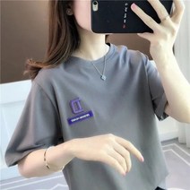 여성 봄여름 순면 라운드 D 자수 반팔 티셔츠