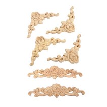 12 PC 나무 새겨진 긴 Onlay Applique 도색되지 않은 장미 꽃 도어 가정 장식 유럽 스타일 2pcs 20x5cm & 10pcs 8x8cm, 하나, 나무 색깔