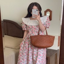 바인 봄 여름 스퀘어넥 프릴 빅카라 플라워 꽃무늬 비치 원피스 핑크 66사이즈 르뚜앙