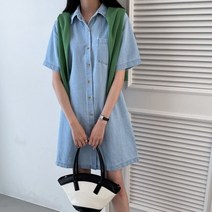원포켓 데님 반팔 셔츠 원피스