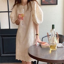 FANSYLI 여성 레이스 원피스 루즈핏 펀칭 데일리 롱원피스 퍼프소매 일자 원피스 W2T2402