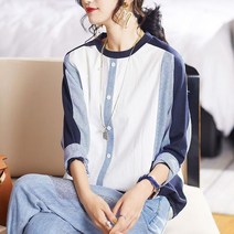 여성티셔츠 코튼 린넨 편안한 스트라이프 패치 워크 탑 캐주얼 o넥 컬러 대비 버튼 여성 루즈한 옷 봄/여름 티셔츠