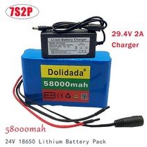 전동킥보드 배터리 7s2p 24v 58ah 18650 리튬 팩 29.4v 58000mah 전기 자전거 스쿠터 휠체어 균형 자동차 2a 충전기, 충전기로