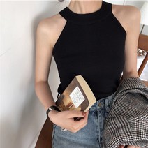 레드글램 민소매 홀터넥 여성 나시 기본 슬립핏 오프숄더 니트 티셔츠