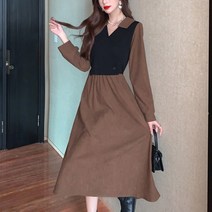 넷투넷코리아 여성 롱 원피스 캐주얼 a라인 플레어 밴딩 카라 긴팔