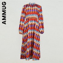 Ammug-우아하고 심플한 컬러풀 프린트 롱 원피스 여성용 레이지 로브 맥시 가을 겨울 의류