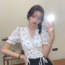 반팔원피스 145 작은 키커 보이는 코디 여성 150 순욕풍 브이넥 벌룬소매 허리보정 짧은 XS 야드 2611866782