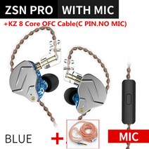 인이어 최신 KZ ZSN PRO 1BA + 1DD 하이브리드 기술 HIFI Metal In Ear 이어폰베이스 이어 버드 스포츠 소음 차단 헤드셋 ZS10 ZSX, 러시아, Blue mic(OFC