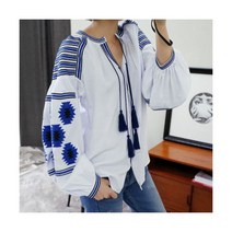 플라워 블라우스 꽃무늬 셔츠 여성 코튼 자수 태슬 퍼프소매 루즈핏 캐주얼