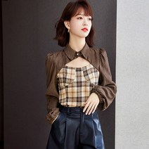 가을 칼라 셔츠 앙증맞이 체크 블라우스 상의
