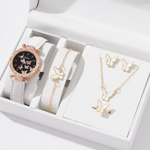 중년여성시계 40대여자시계 6pcs 럭셔리 반지 목걸이 귀걸이 팔찌 세트 나비 가죽 스트랩 숙녀 석영 손목 상자 없음