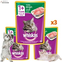 위스카스 파우치 고양이 주식 습식사료 참치 고등어 연어 닭고기 낱개 13종, 3개, 참치 (80g)