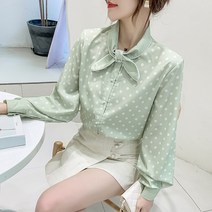 여성 블라우스 그린 땡땡이 쉬폰 봄 가을 긴팔 상의 정장블라우스