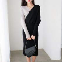 데일로엔 여성용 컬러배색 변형 물결넥 여성 긴팔 원피스