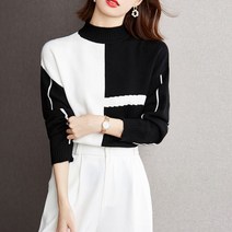 잇츠스타일 반하이넥 블랙앤화이트 배색 부드러운 여성 겨울 이너 니트