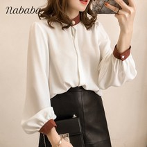 나바바 NB322 여성 배색 랜턴소매 차이나카라 셔츠