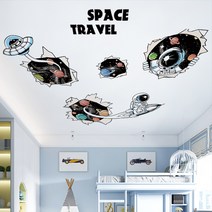 인테리어시트지 3D 입체 일러스트스티커 팬시 별이총총한하늘 배경 꽃 장식 천장선반 자 접착 벽지 1371609558, 우주를 누비다.