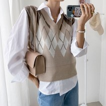 브이넥 아가일 체크 박스핏 니트 조끼 베스트