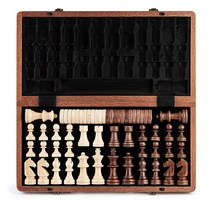 A&A 38.1cm(15인치) 나무 체스 세트 및 체커 / 접이식 보드 7.6cm(3인치) 킹 높이 스탠튼 피스 월넛 박스 w/월넛 & 단풍나무 상판 2 엑스트라 퀸 클래식 in, Mahogany Box W/ Mahogany Map