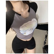 고양이 프린트 순욕풍 배색 긴팔 티녀
