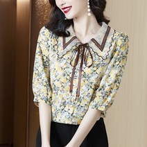 여름 프린트 쉬폰 상의 스타일리쉬한 터틀넥 블라우스 기질 셔츠녀