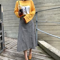 네모엔룩 A라인 면 깅엄 체크 트임 롱 고방 플레어 스커트