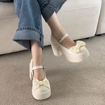 리본 플랫폼 가보시 청키굽 펌프스 메리제인 하이힐 구두 블랙 화이트 9cm
