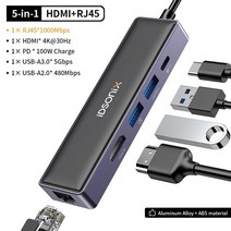 썬더볼트 독 서피스독 macbook proair m1 100w 충전 2 usb 포트 어댑터용 4k hdmi usb-c 허브 어댑터가 있는 idsonix 5-in-1 usb c, 검은색