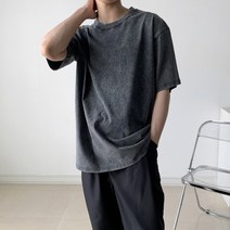 럭스타이 남성용 빈티지 워싱 면 오버핏 반팔 티셔츠