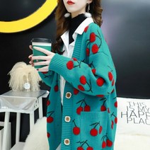 볼레로 니트 가디건 숏 그물 레드 스웨터 여성 두꺼운 루즈핏 로빙 체리 자수 코트