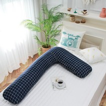 부드러운 순면 바디필로우 L자 임산부 롱쿠션 바디쿠션 긴베개 솜포함, 체크-네이비