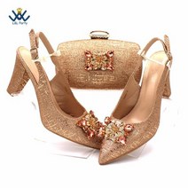 파티화 구두 패션 샴페인 색상 여성 지적 발가락 신발 일치하는 가방 나이지리아 숙, Gold-Only Shoes+42