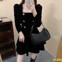 잇츠스타일 [L-4XL] 더블 브레스트 스퀘어넥 블랙 벨벳 미니 원피스