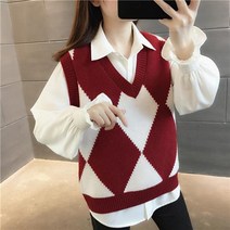 위위브렌 여성 패션 체크포인트 브이넥 니트 베스트 조끼