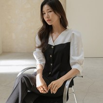 BLO277 엘레강스 골드 버튼 배색 슬림핏 블라우스