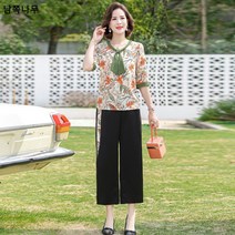 엄마 하복 캐주얼 세트 2023 중장년 여 여름 서양식 쉬폰 상의 투피스 40세 50