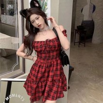 원피스 바캉스룩 휴양지원피스 드레스 여성 체크 무늬 캐주얼 숙녀 퍼프 슬리브 귀여운 심플 복고풍