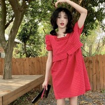 안나리야 스퀘어넥 체크 반팔 단추 핑크 코튼 미니 원피스 SY