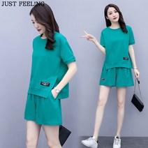 JUST FEEL!NG 여성 여름신상/순면/트임/루즈핏/러닝/솔리드/트레이닝복/반팔/반바지 세트
