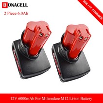 밀워키 M12 M18 호환 배터리 임팩 드릴 3.0/6.0/9.0Ah milwaukee m12용 12V 스크루 드라이버 배터리 12V XC, 02 2 Piece 6.0Ah