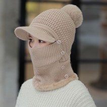 올인원 여성 겨울 골프 니트 털 캡 챙 모자 여자 연습복장 귀도리 이어워머 귀여운, 베이지 모자 넥워머