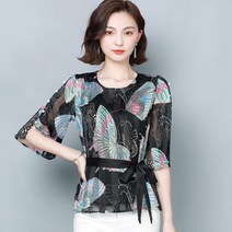 명티플 쉬폰 블라우스 여외에 여름 벨티드 날씬해 보이는 탑 프린트가 뱃살 커버해주는 셔츠 블라우스tpul3045